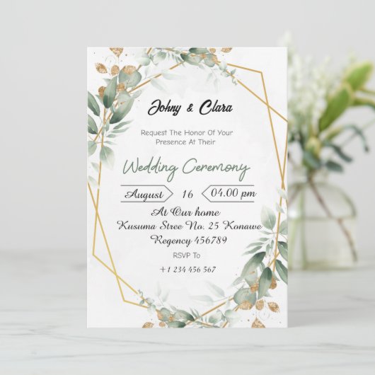 Groene Bloemen Elegantie Huwelijksuitnodiging Kaart (Staand voorkant)