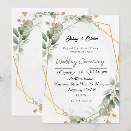 Groene Bloemen Elegantie Huwelijksuitnodiging Kaart (Voorkant / Achterkant)