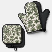 groene bloemen en bladeren ovenwant & pannenlap set (Voorkant / Achterkant)