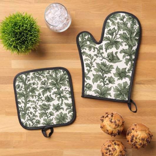 groene bloemen en bladeren ovenwant & pannenlap set (Top down)