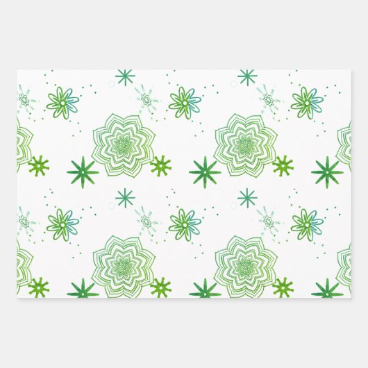 Groene bloemen en sterren inpakpapier vel (Voorkant)