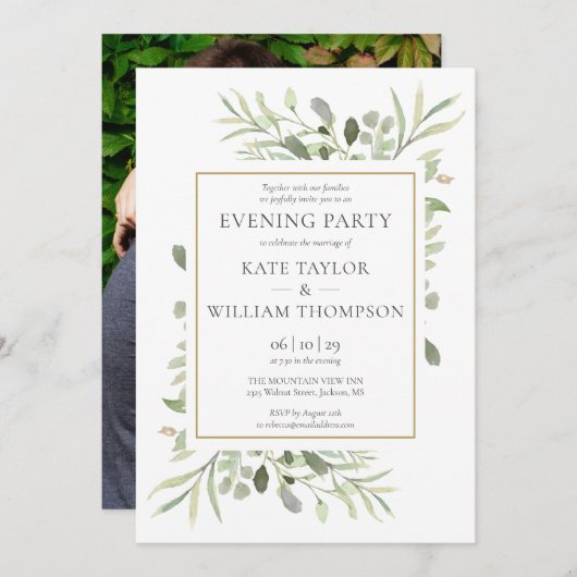 Groene Bloemen Foto Bruiloft Avondfeest Kaart (Voorkant / Achterkant)