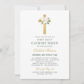 Groene Bloemen Gouden Kruis Eerste Heilige Communi Kaart (Voorkant)