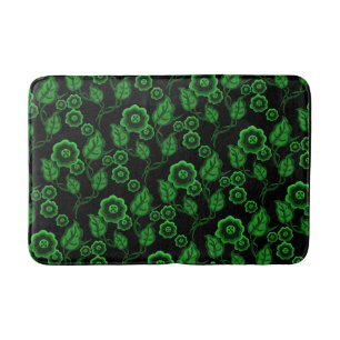 Groene bloemen, groene bladeren, Folkkunstbloem/zw Badmat