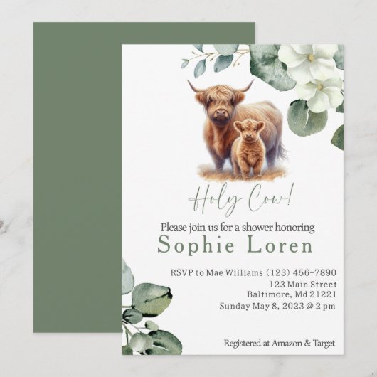 Groene bloemen Highland koe baby shower Kaart (Voorkant / Achterkant)