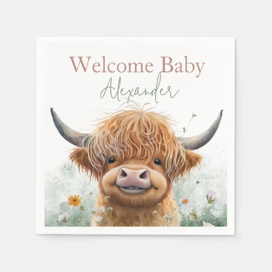 Groene bloemen Highland koe welkom baby servetten (Voorkant)