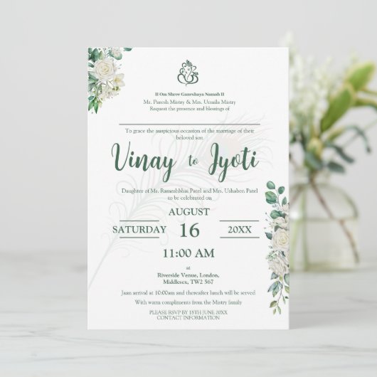 Groene Bloemen Hindu bruiloft uitnodiging (Staand voorkant)