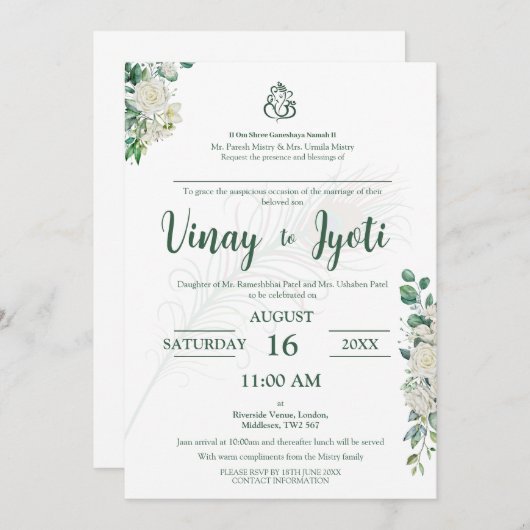 Groene Bloemen Hindu bruiloft uitnodiging (Voorkant / Achterkant)