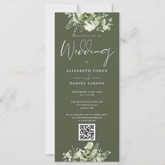 Groene Bloemen Huwelijk Olijfgroen QR Code Kaart (Voorkant)