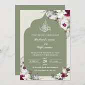 Groene bloemen islamitische bruiloft uitnodigingsk kaart (Voorkant / Achterkant)