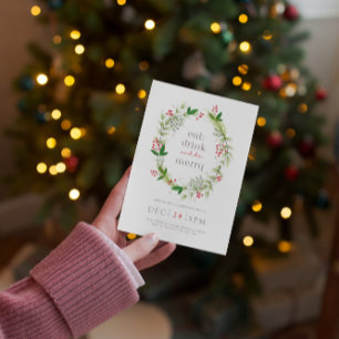 Groene Bloemen Kerstkrans Uitnodiging Kaart