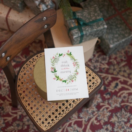 Groene Bloemen Kerstkrans Uitnodiging Kaart