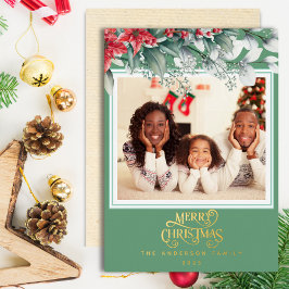Groene Bloemen Lijst Vrolijk Kerstfeest Foto Folie Feestdagenkaart