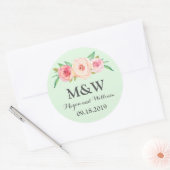 Groene Bloemen Monogram Bruiloft Ronde Sticker (Envelop)