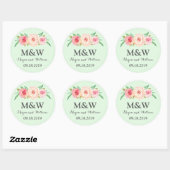 Groene Bloemen Monogram Bruiloft Ronde Sticker (Vel)