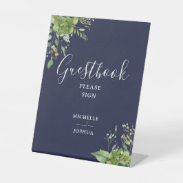 Groene Bloemen Navy Blauwe Gastensboek Reclamebord Met Voetstuk