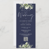 Groene Bloemen Navy Blauwe QR Code Trouwfeest Kaart (Voorkant)