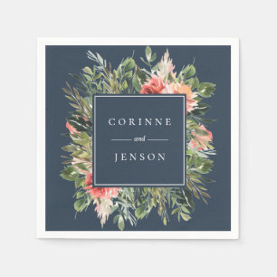 Groene bloemen navy gepersonaliseerde papieren ser servet