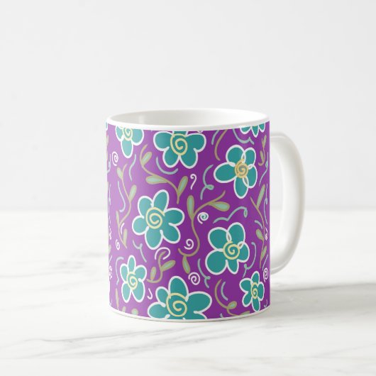 Groene bloemen op paarse design koffiemok (Voorkant rechts)
