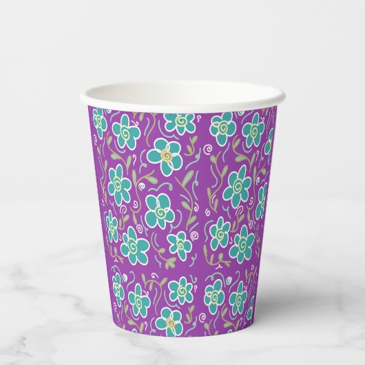 Groene bloemen op paarse design papieren bekers (Achterkant)
