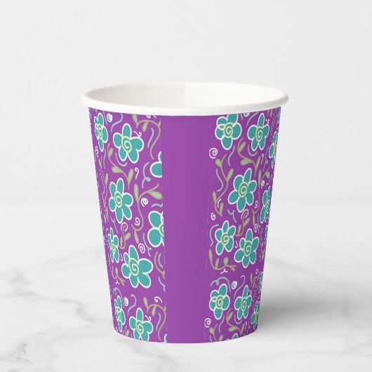 Groene bloemen op paarse design papieren bekers (Links)