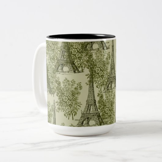 Groene Bloemen Parijs Eiffeltoren Tweekleurige Koffiemok (Voorkant links)