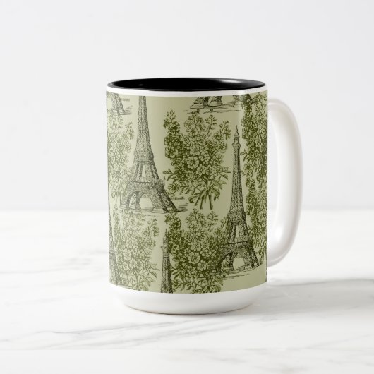 Groene Bloemen Parijs Eiffeltoren Tweekleurige Koffiemok (Voorkant rechts)