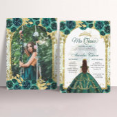 Groene Bloemen Prinses Gouden Boog Foto Quinceaner Kaart