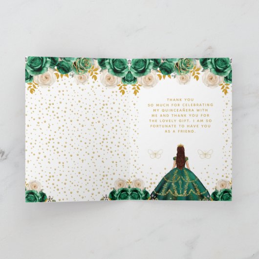 Groene Bloemen Prinses Quinceañera Bedankkaart (Binnen)