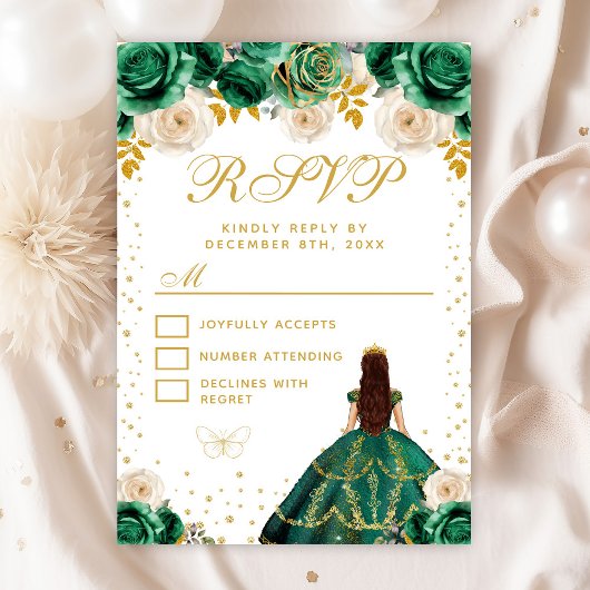 Groene Bloemen Prinses Quinceañera RSVP Kaartje