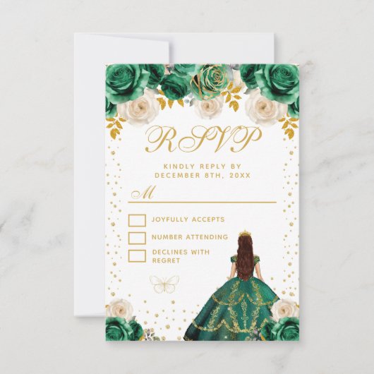 Groene Bloemen Prinses Quinceañera RSVP Kaartje (Voorkant)