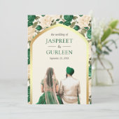 Groene Bloemen Punjabi Anand Karaj Sikh Bruiloft Kaart (Staand voorkant)