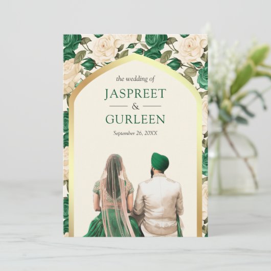 Groene Bloemen Punjabi Anand Karaj Sikh Bruiloft Kaart (Staand voorkant)