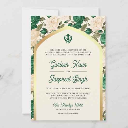 Groene Bloemen Punjabi Anand Karaj Sikh Bruiloft Kaart (Achterkant)