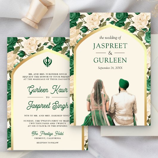 Groene Bloemen Punjabi Anand Karaj Sikh Bruiloft Kaart