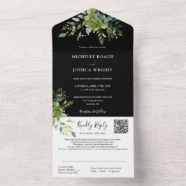 Groene Bloemen QR-code Zwart-Wit Trouwfeest All In One Uitnodiging