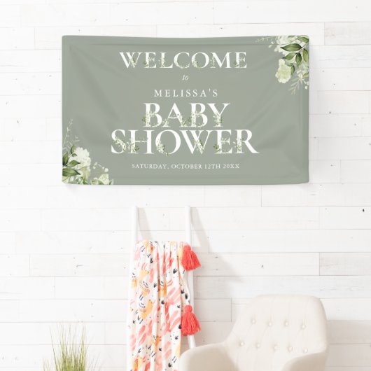 Groene Bloemen Sage Groene Baby Shower Welkom Spandoek (Insitu)
