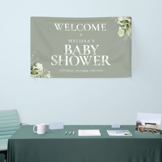 Groene Bloemen Sage Groene Baby Shower Welkom Spandoek (Beurs)