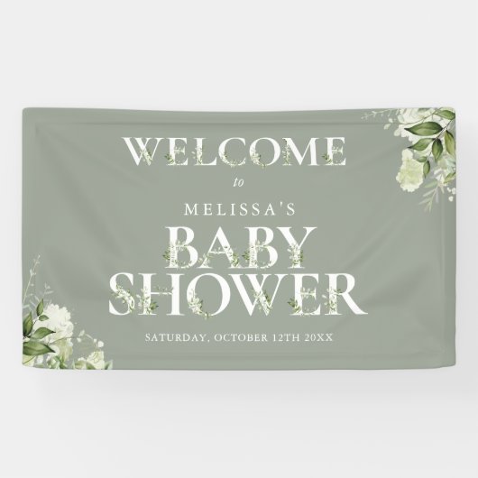 Groene Bloemen Sage Groene Baby Shower Welkom Spandoek (Horizontaal)