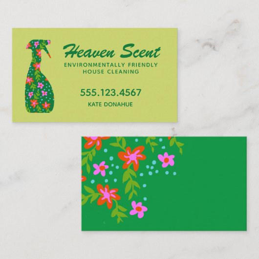 Groene Bloemen Spray Fles House Cleaner Business C Visitekaartje (Voorkant / Achterkant)