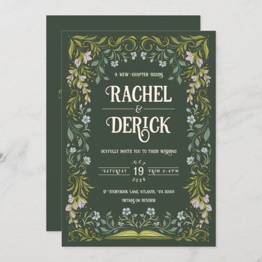 Groene Bloemen Sprookjeshuwelijk Uitnodiging (Voorkant / Achterkant)