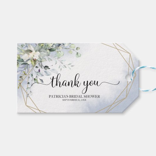 Groene Bloemen Stof Blauw Bruidsfeest Cadeaulabel (Voorkant (Horizontaal))