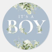 Groene Bloemen Stof Blauw Het Is Een Jongen Baby S Ronde Sticker (Voorkant)
