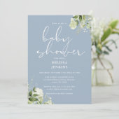 Groene Bloemen Stof Blauw Jongens Baby Shower Kaart (Staand voorkant)