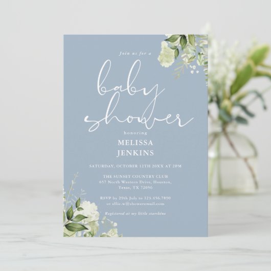Groene Bloemen Stof Blauw Jongens Baby Shower Kaart (Staand voorkant)