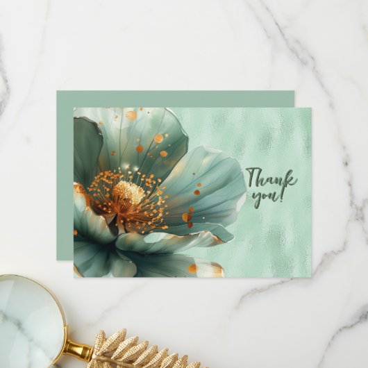 Groene Bloemen Vergroot op Glanzend Groen Dank u Bedankkaart (Voorkant / Achterkant in situ)