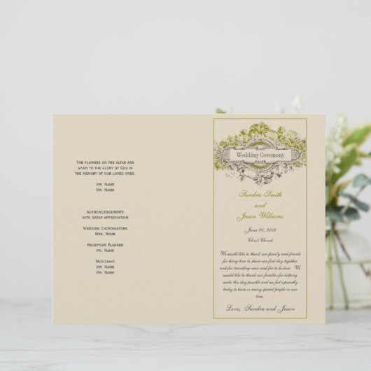 Groene Bloemen Vintage Wedding Programma (Staand voorkant)