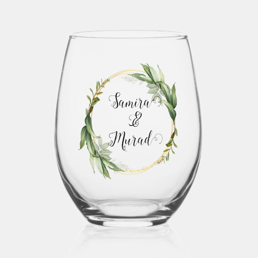 Groene Bloemen Wedding Stemless Wijnglas Zonder Voet (Voorkant)