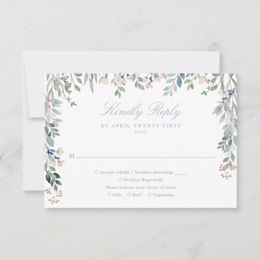 Groene Bloemen Wilde Bloemen Stof Blauw Bruiloft RSVP Kaartje (Voorkant)