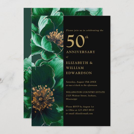Groene Bloemen Zwart en Goud Chic 50ste Jubileum Kaart (Voorkant / Achterkant)